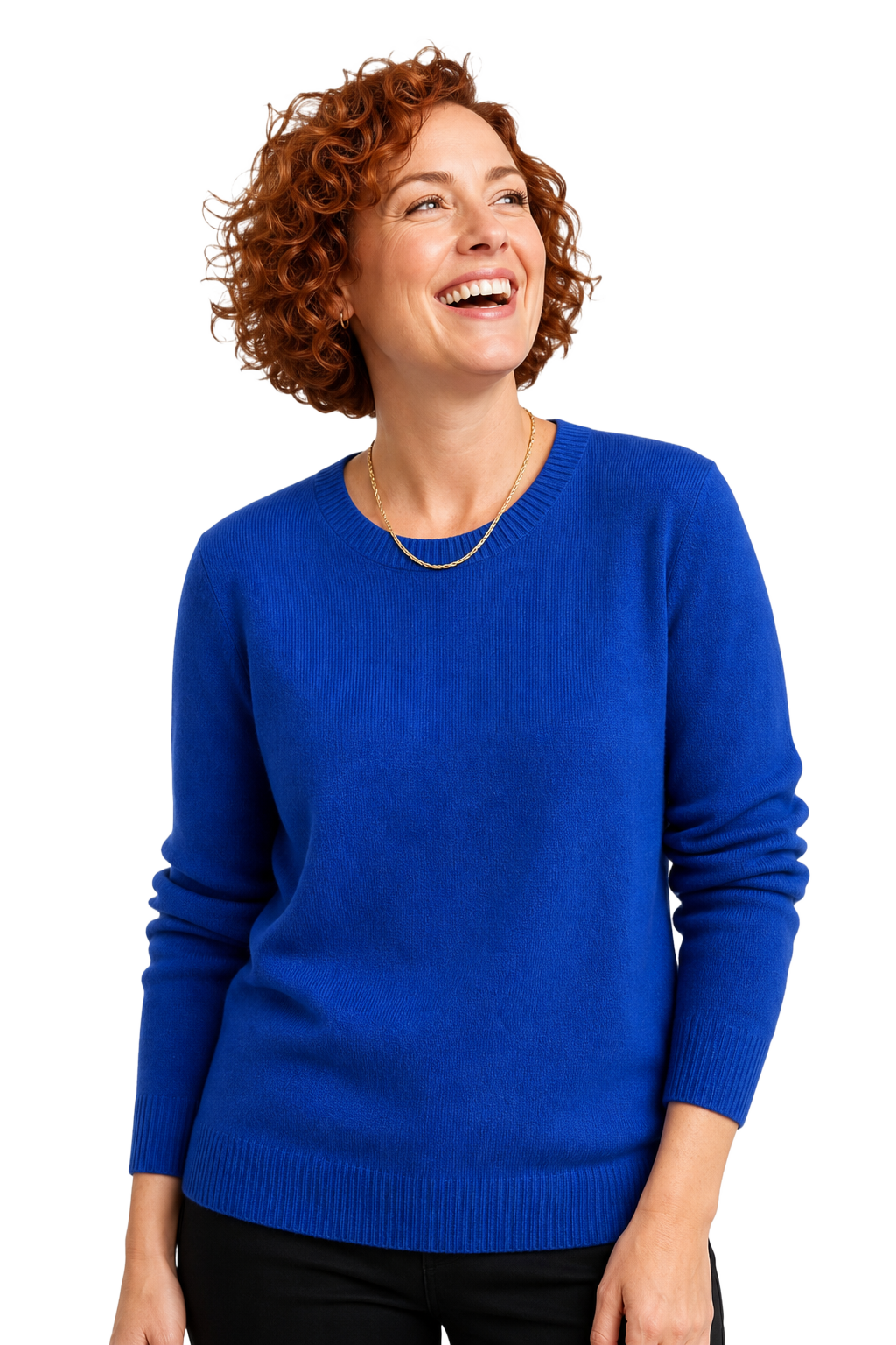 A professional woman laughing in a cobalt blue sweater